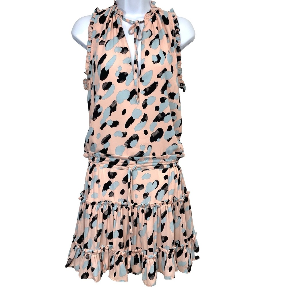 Buddy Love Ruffle Drop Waist Mini Dress Medium Pink Blue Animal Print Lined